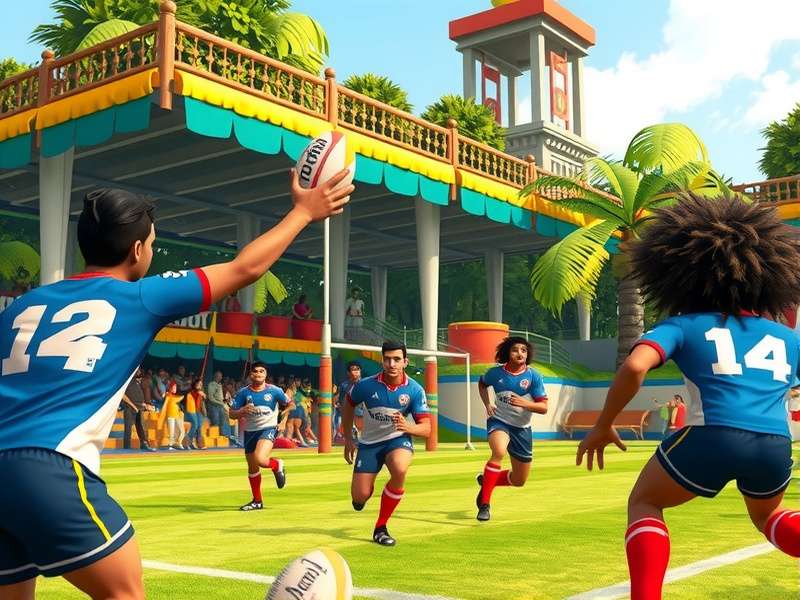 Backyard Rugby League game screenshot showing Indian players in action